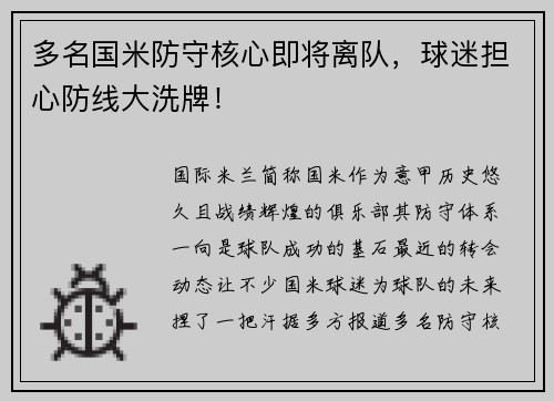 多名国米防守核心即将离队，球迷担心防线大洗牌！