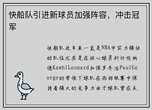 快船队引进新球员加强阵容，冲击冠军