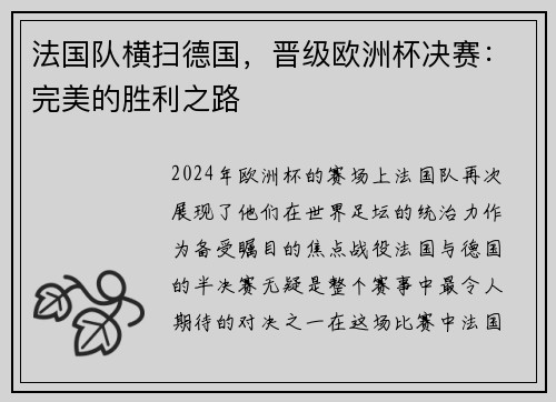 法国队横扫德国，晋级欧洲杯决赛：完美的胜利之路